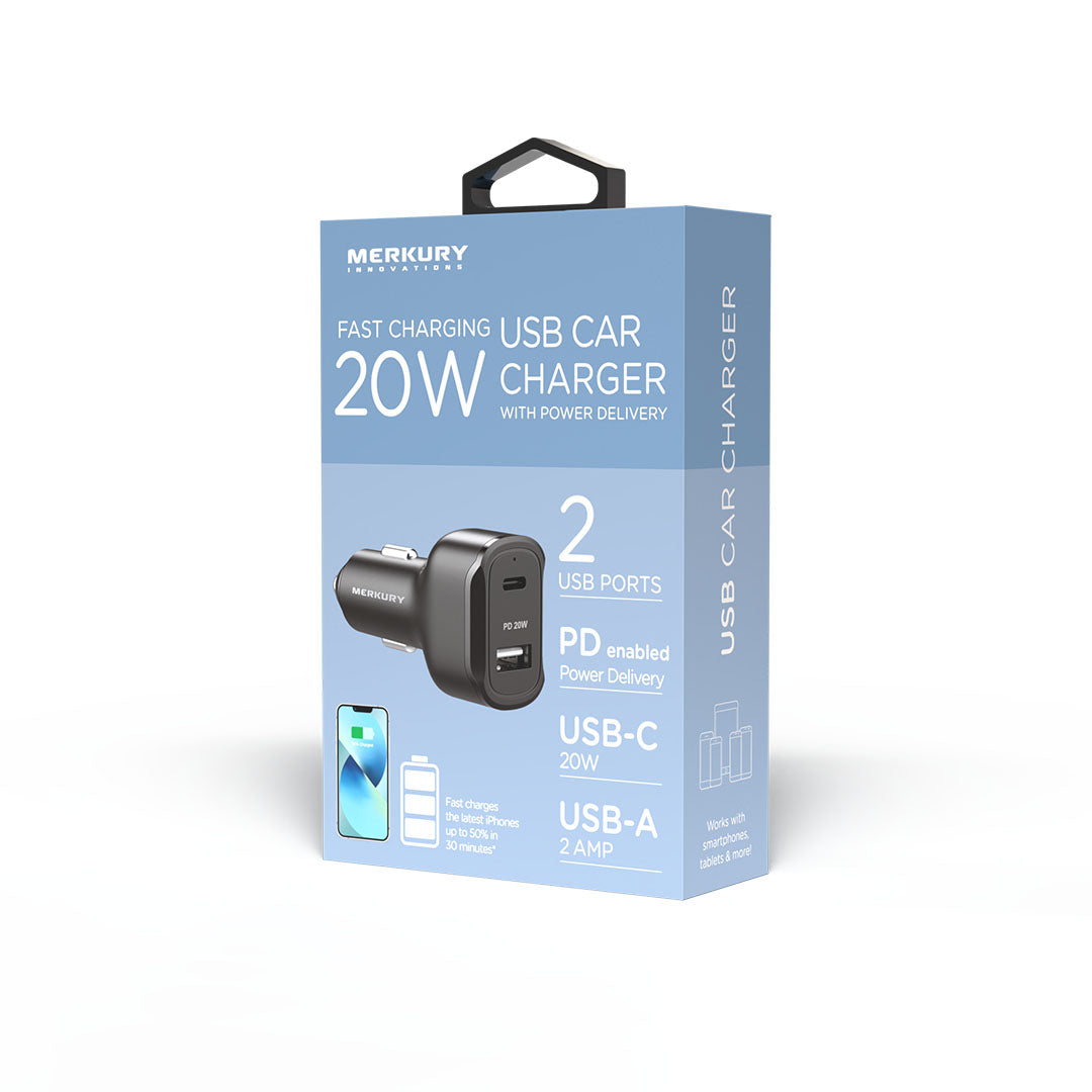 20W Car Charger USB-A + USB-C-White
